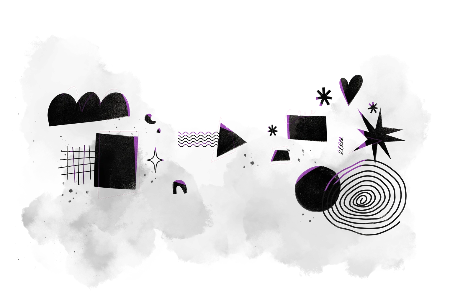 A playful depiction of gray, black and purple shapes